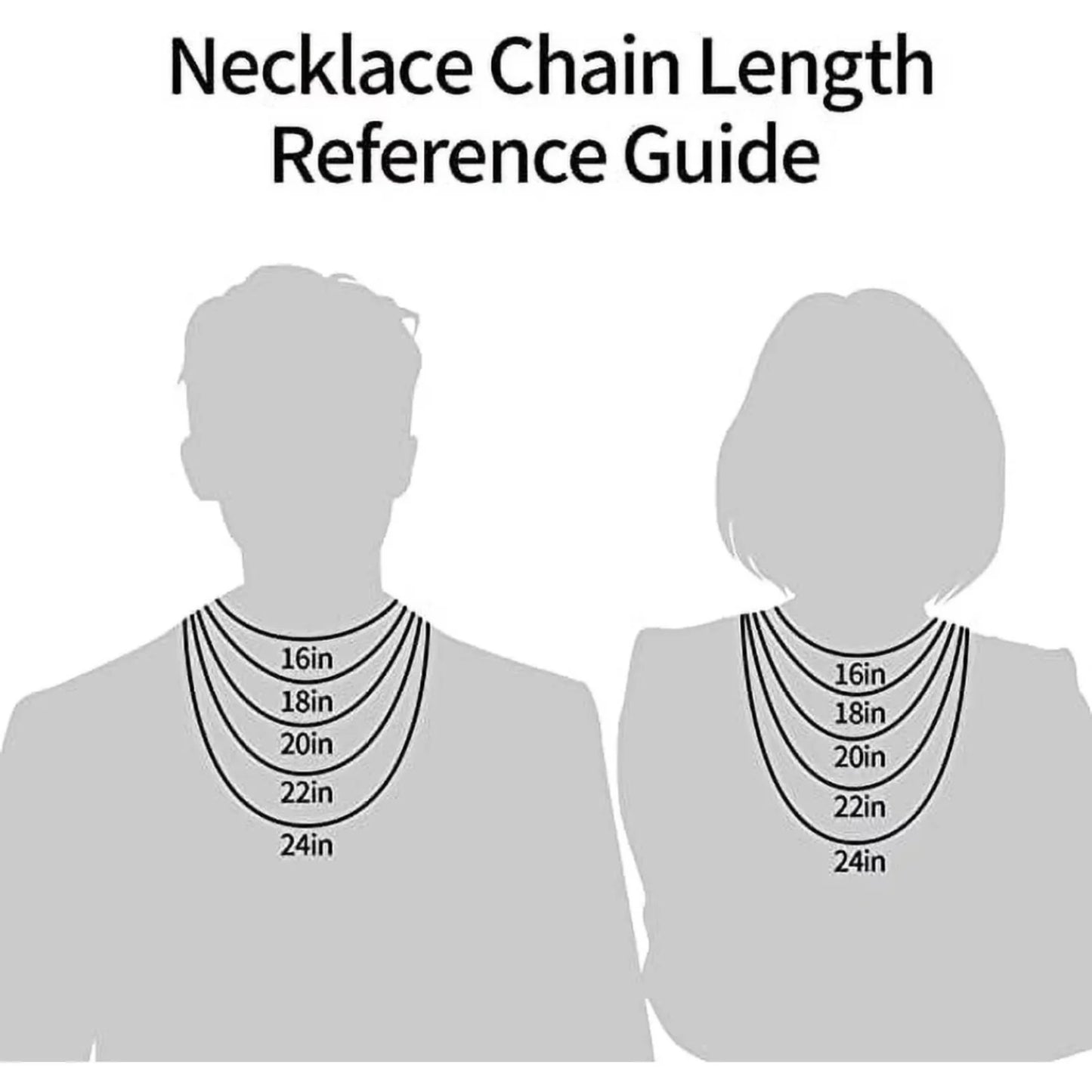 Necklace chain length reference guide showing two silhouettes wearing layered cross necklaces (16-24 inches)