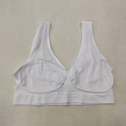 White wireless sports bra with wide band, no padding, non-adjustable straps, sleep/yoga bralette.