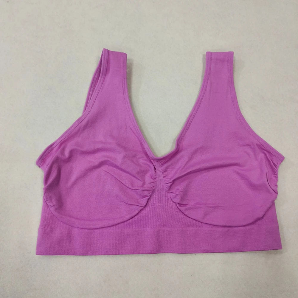 Purple wireless sleep sports bra without padding, wire-free bralette for plus size, non-adjustable straps.