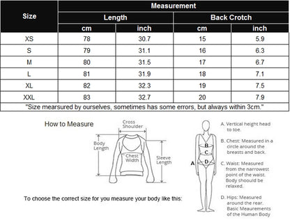 Size chart and measurement guide for Women Lace Deep V Bodysuit, XS–XXL with body length, chest, back crotch diagrams.