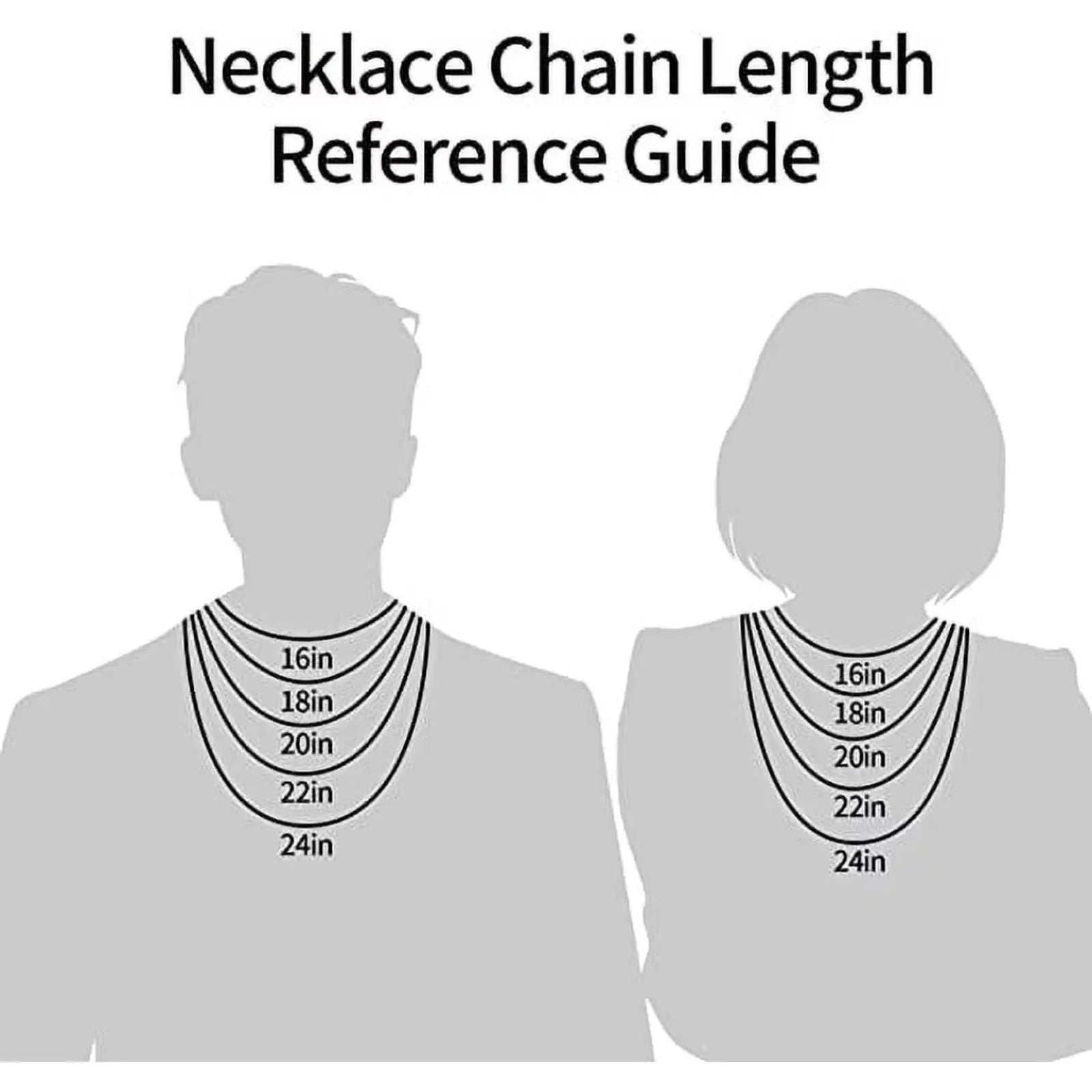 Necklace chain length reference guide showing two silhouettes wearing layered cross necklaces (16-24 inches)