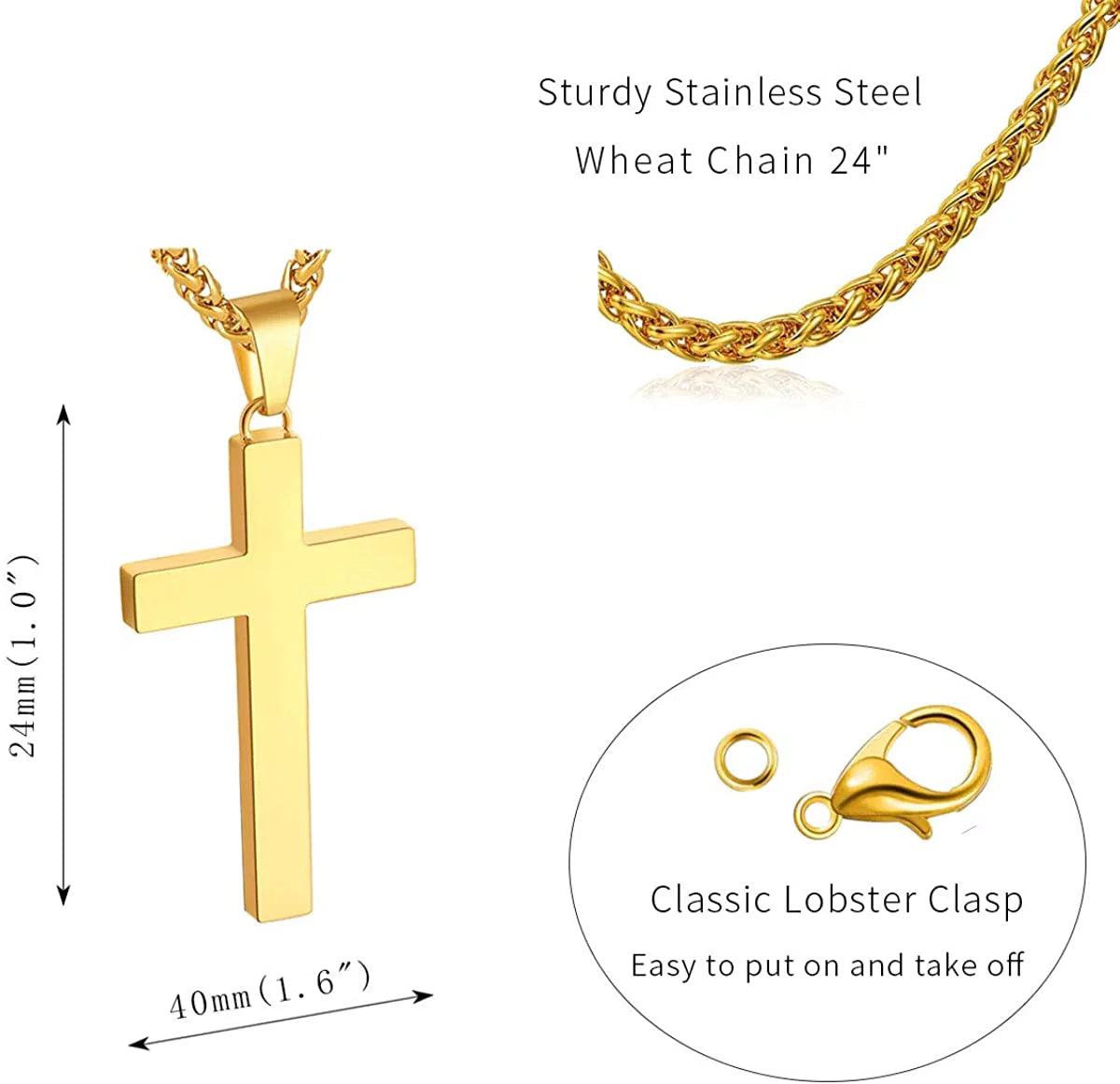 Gold Catholic cross pendant on a 24-inch stainless steel wheat chain; lobster clasp, 24mm tall, 40mm wide.