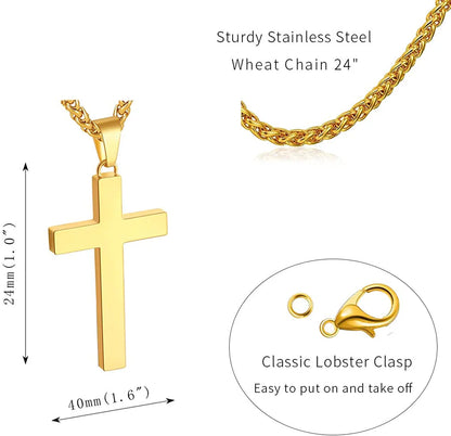 Gold Catholic cross pendant on a 24-inch stainless steel wheat chain; lobster clasp, 24mm tall, 40mm wide.