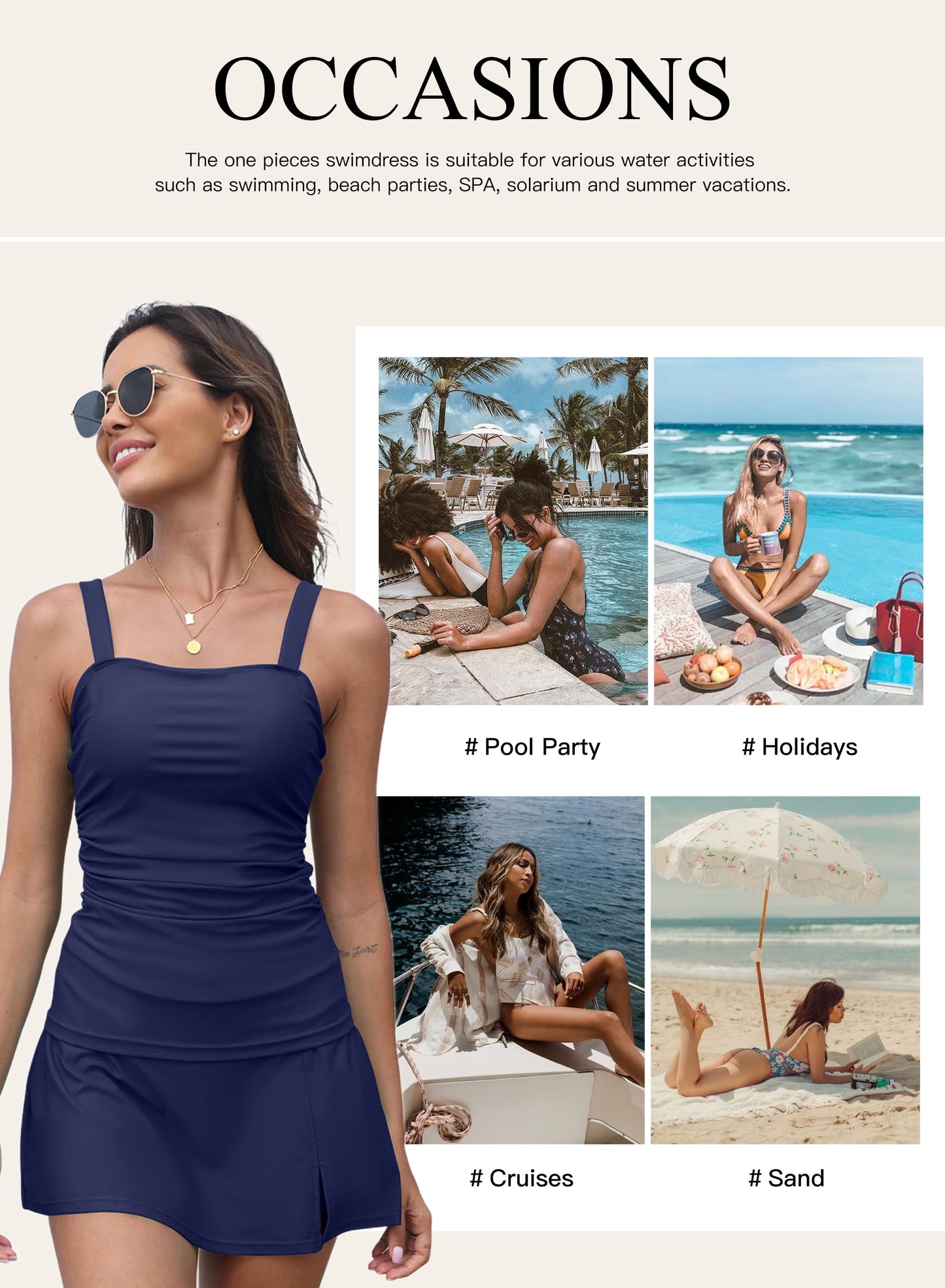 Navy blue two-piece tankini with ruched top and swim skirt, adjustable straps, on a smiling model wearing sunglasses.