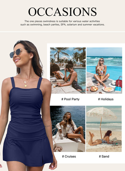 Navy blue two-piece tankini with ruched top and swim skirt, adjustable straps, on a smiling model wearing sunglasses.