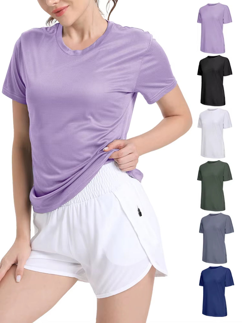 Lavender ultralight quick-dry athletic T-shirt on a woman with white shorts; breathable sport tee, color options.