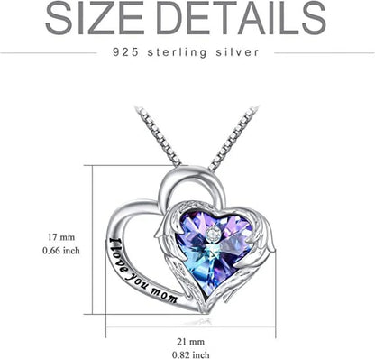 Sterling silver heart pendant with Austrian crystals and 'I love you mom' engraving on a curved banner with chain.