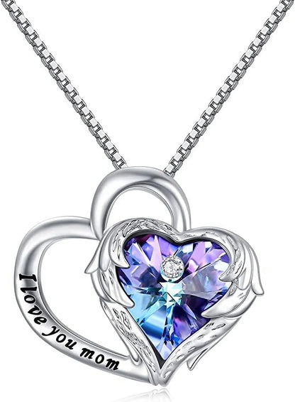 Sterling silver I Love You Mom heart necklace with purple Austrian crystal and chain