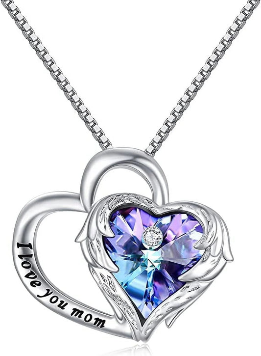 Sterling silver I Love You Mom heart necklace with purple Austrian crystal and chain