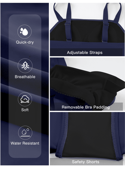 Blue navy two-piece tankini swimsuit with square-neck ruched top, adjustable straps, removable cups, and swim skirt.