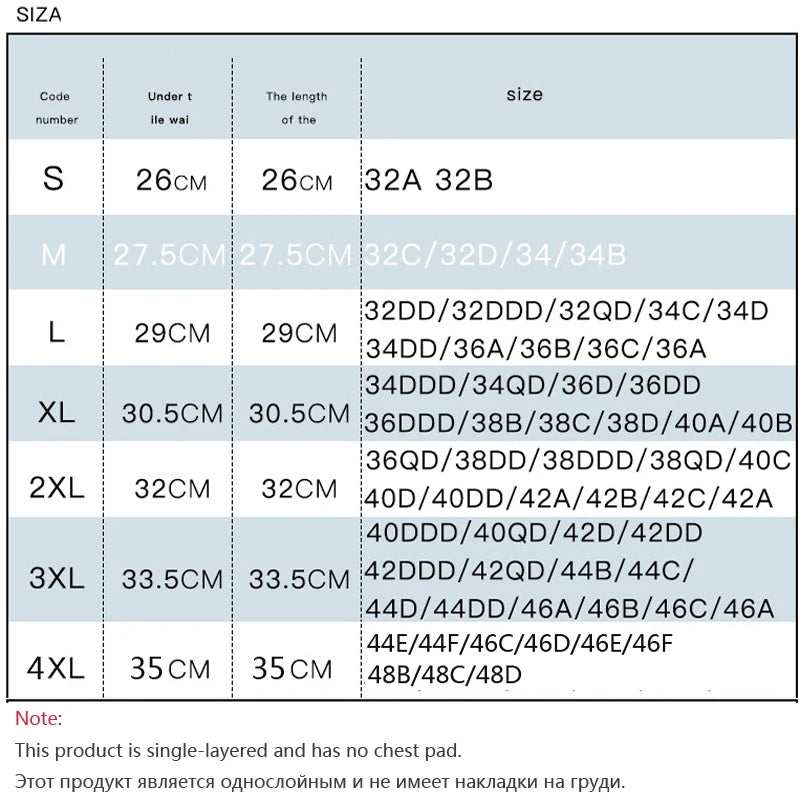 Size chart for non-padded women's sleep bra/bralette (S–4XL) with under-bust and length measurements