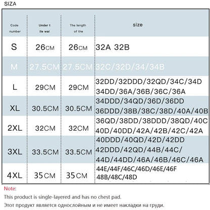 Size chart for non-padded women's sleep bra/bralette (S–4XL) with under-bust and length measurements
