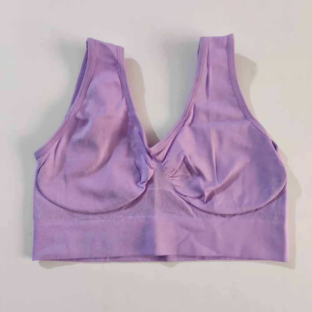 Lavender padless wireless sleep bralette with wide elastic band.