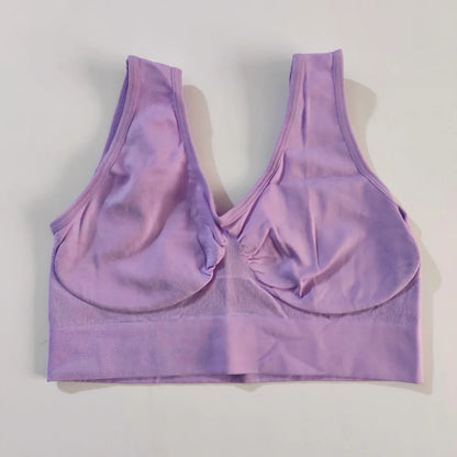 Lavender padless wireless sleep bralette with wide elastic band.