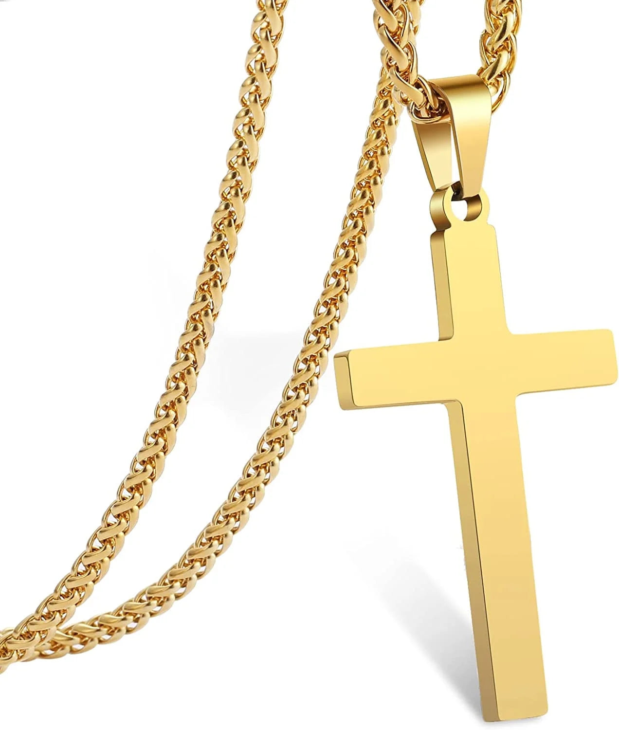 Gold-tone cross pendant on a thick Cuban-link chain necklace.