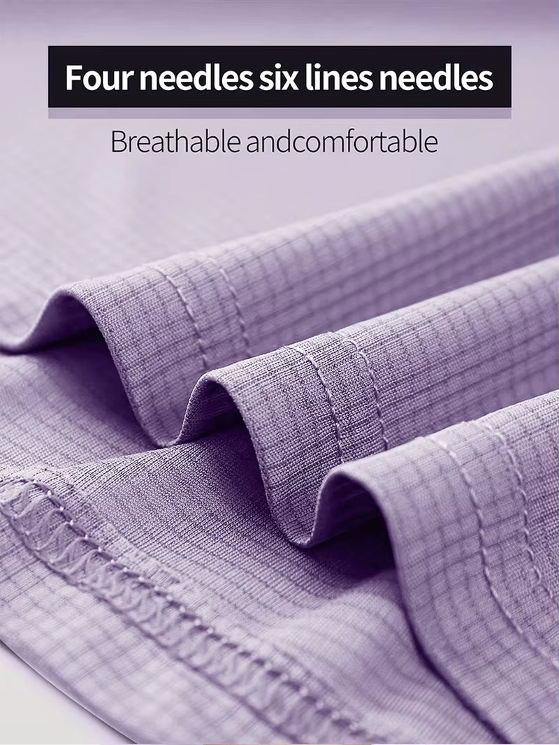 Lavender solid-color ultralight sport T-shirt fabric, breathable quick-dry material with neat stitching.