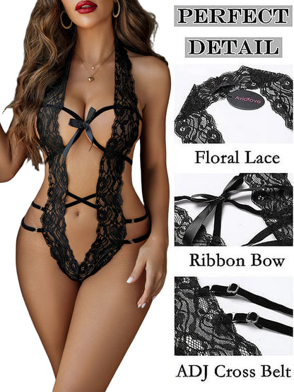 Women black lace deep-V bodysuit lingerie with ribbon bow, one-piece underwear.