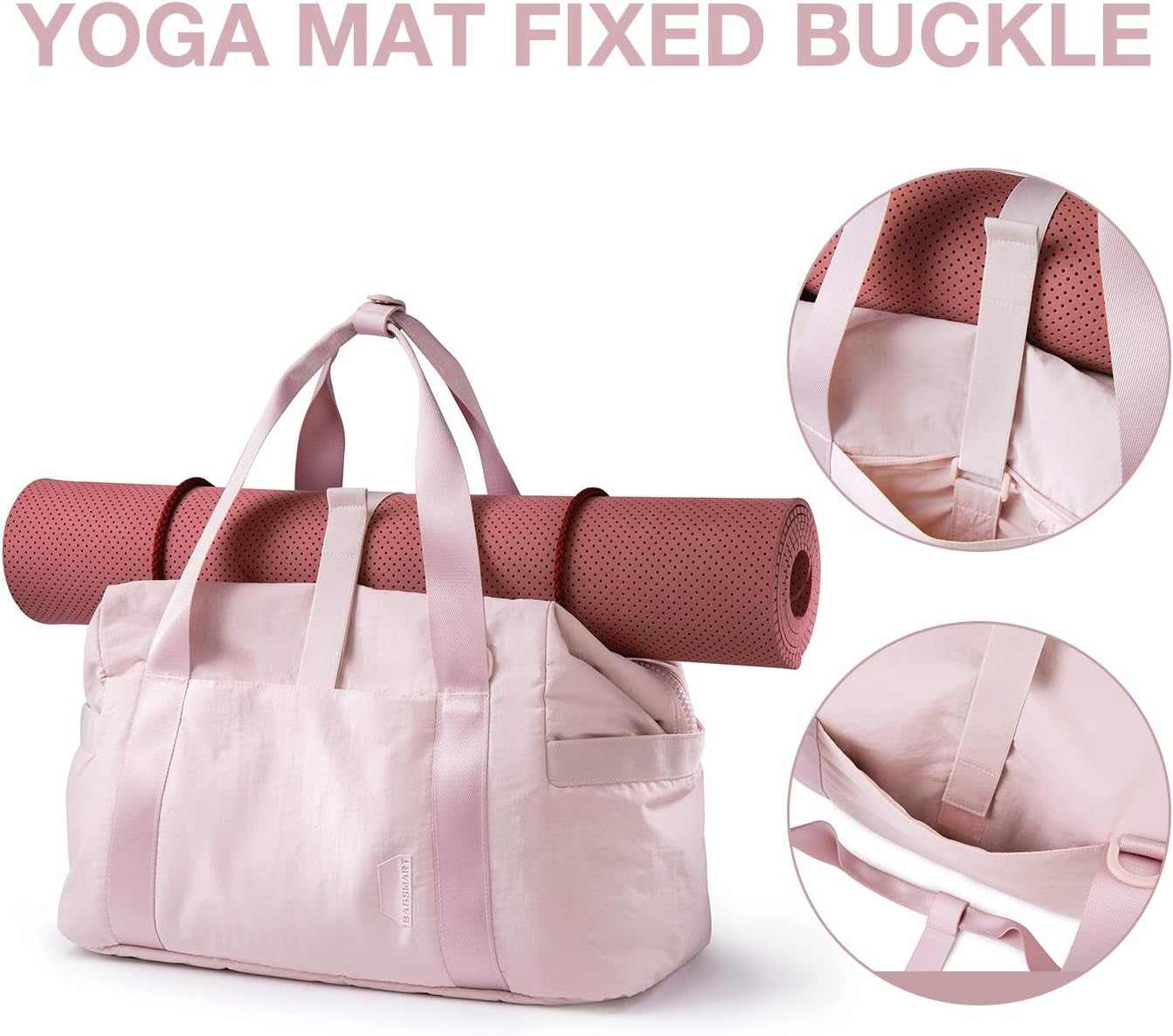 Pink medium gym bag with rolled yoga mat, tote handles and trolley sleeve for carry-on weekender travel.