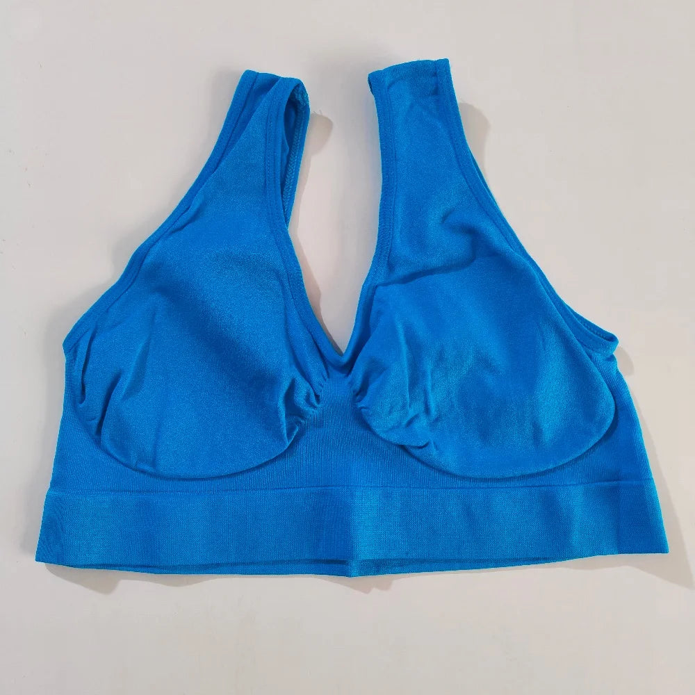 Blue wireless sports bra bralette, no padding, wide elastic band, non-adjusted straps