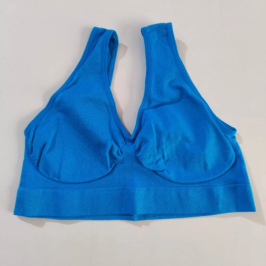 Blue wireless sports bra bralette, no padding, wide elastic band, non-adjusted straps