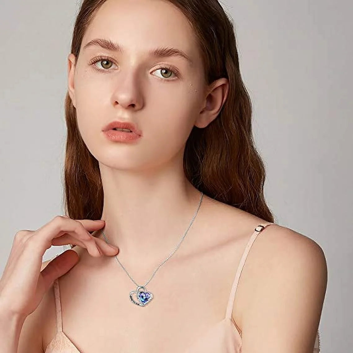 925 Sterling Silver I Love You Mom heart pendant necklace with blue Austrian crystals.