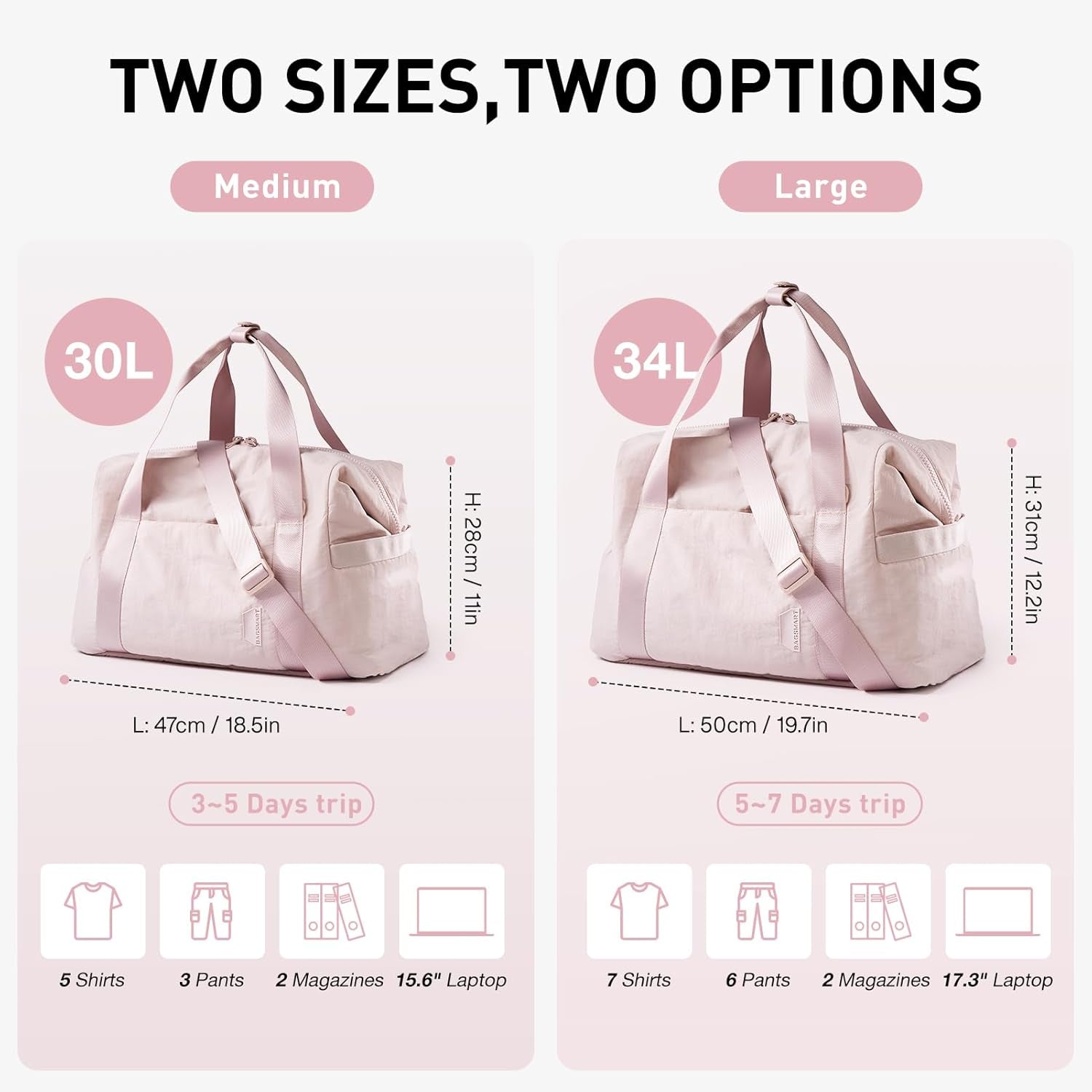 Pink medium gym bag with trolley sleeve, ultra-lightweight 1.8 lb, 18.5 x 8.7 x 11 in, weekender carry-on.
