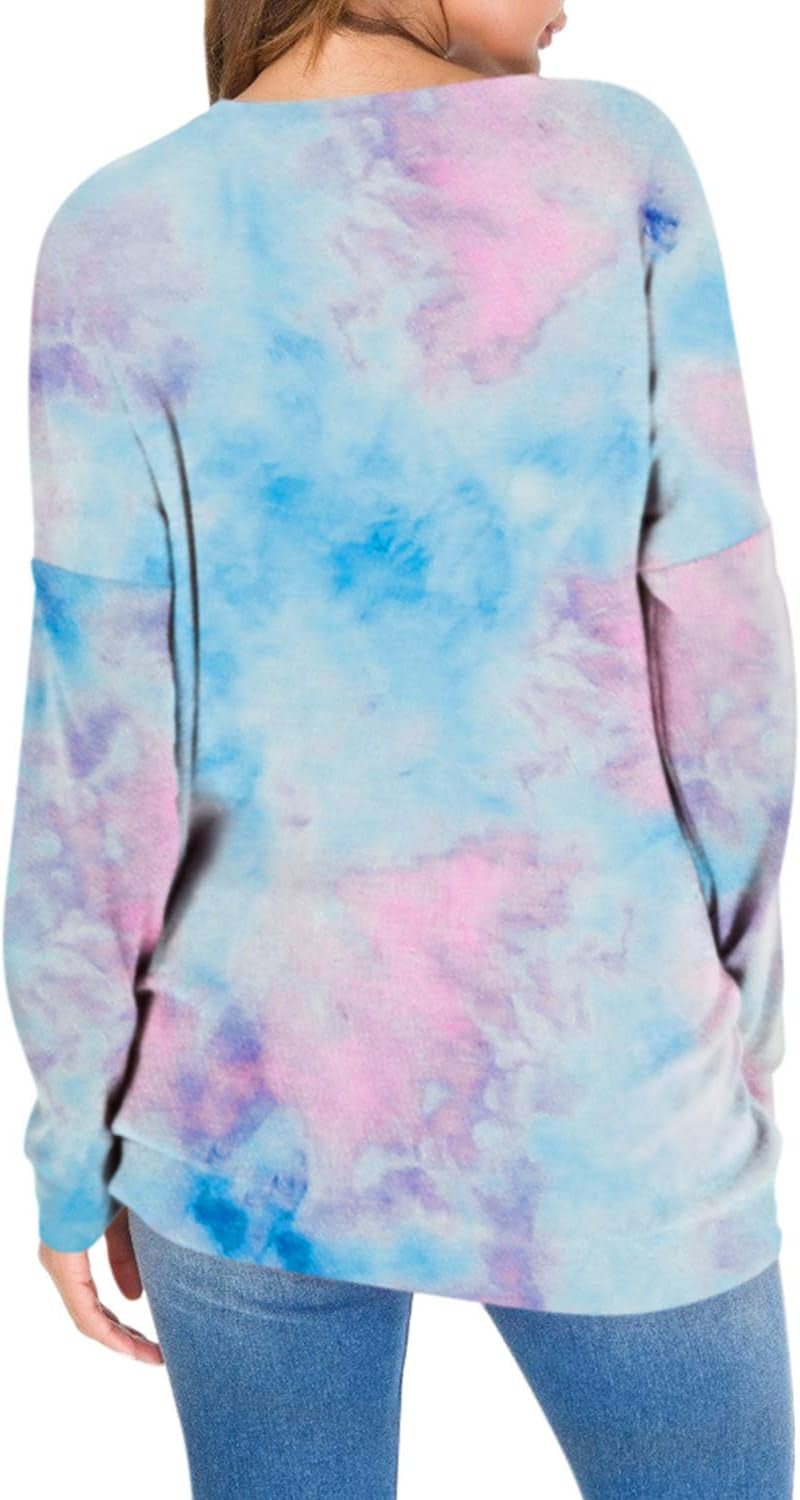 Women'S Mama Bear T Shirt Tie Dye Long Sleeve Patches Pockets Top Multicolor L