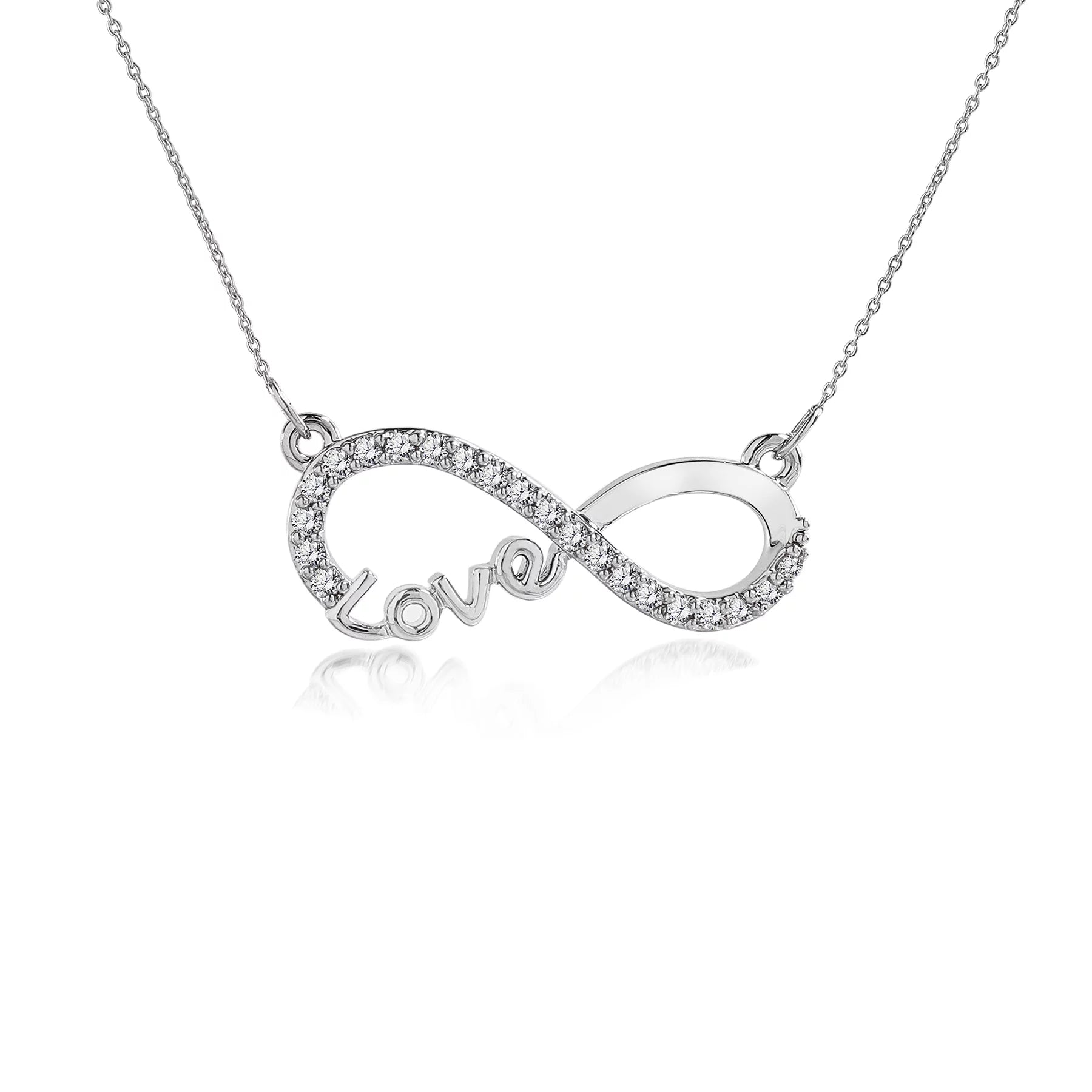 Infinity Love pendant necklace with diamond-studded loop and 'Love' script, 18K white gold plated.