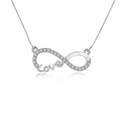 Infinity Love pendant necklace with diamond-studded loop and 'Love' script, 18K white gold plated.