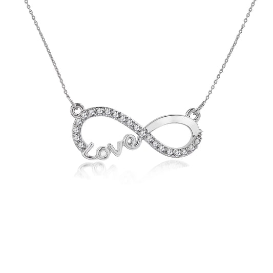 Infinity Love pendant necklace with diamond-studded loop and 'Love' script, 18K white gold plated.
