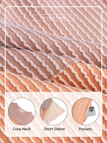Summer Color Block Dresses for Women Crewneck Short Sleeve T Shirts Dress Ribbed Dresses with Pockets