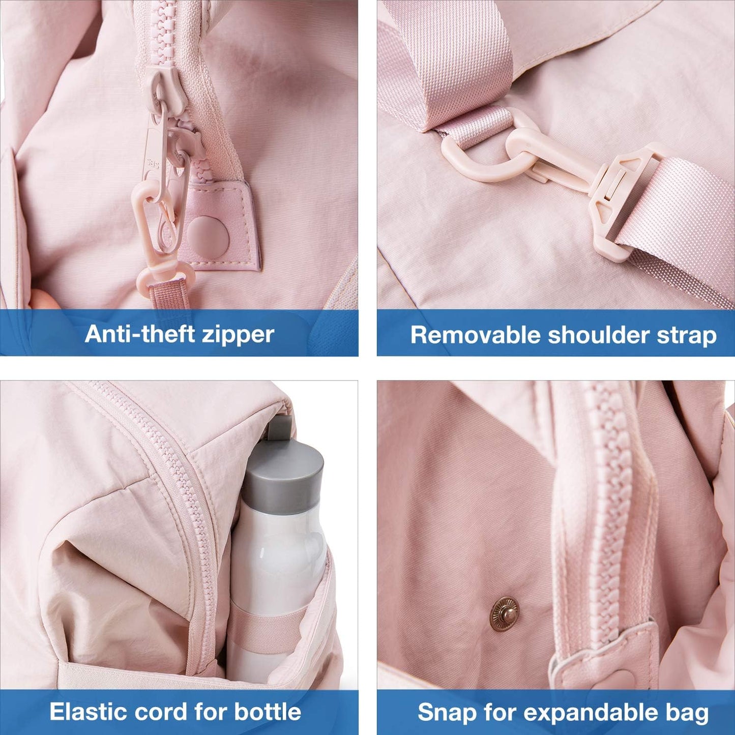 Pink medium gym bag with anti-theft zipper, removable shoulder strap, bottle pocket, expandable snap, trolley sleeve.