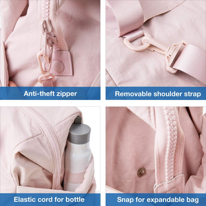 Pink medium gym bag with anti-theft zipper, removable shoulder strap, bottle pocket, expandable snap, trolley sleeve.