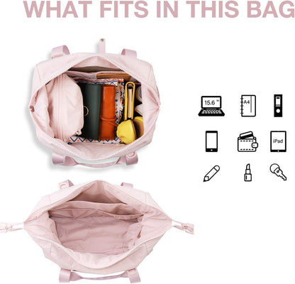 Pink lightweight women's gym bag, 18.5x8.7x11 in, carry-on weekender with trolley sleeve, open showing compartments.