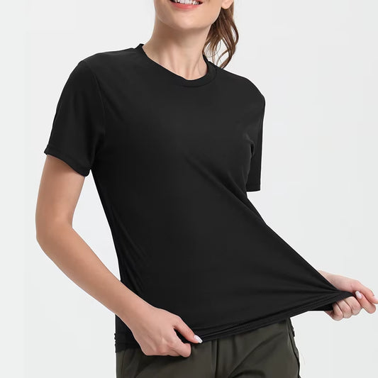 Women’s solid black ultralight quick-dry sport T-shirt, breathable running gym compression top