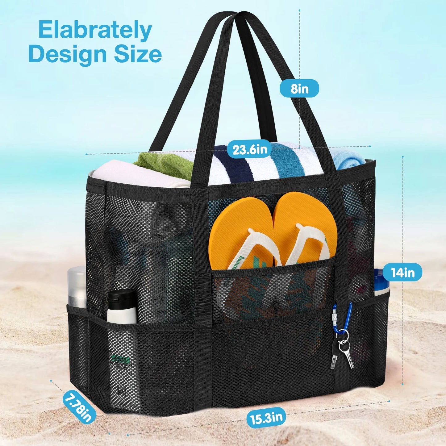Mesh Beach Bag Rope Handles, Mesh Tote Bag for Women Contains Wicker Oversized Beach Tote Bag with 9 Small Pockets (Black)