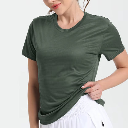 Olive green solid-color ultralight quick-dry sport T-shirt with breathable fabric, worn by a model.
