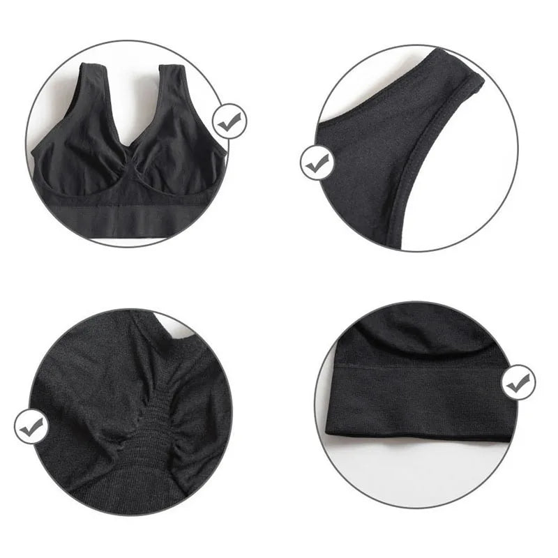 Black wireless sleep bra with no padding, wide underbust band, non-adjustable straps, wire-free design.