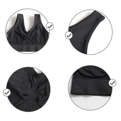Black wireless sleep bra with no padding, wide underbust band, non-adjustable straps, wire-free design.